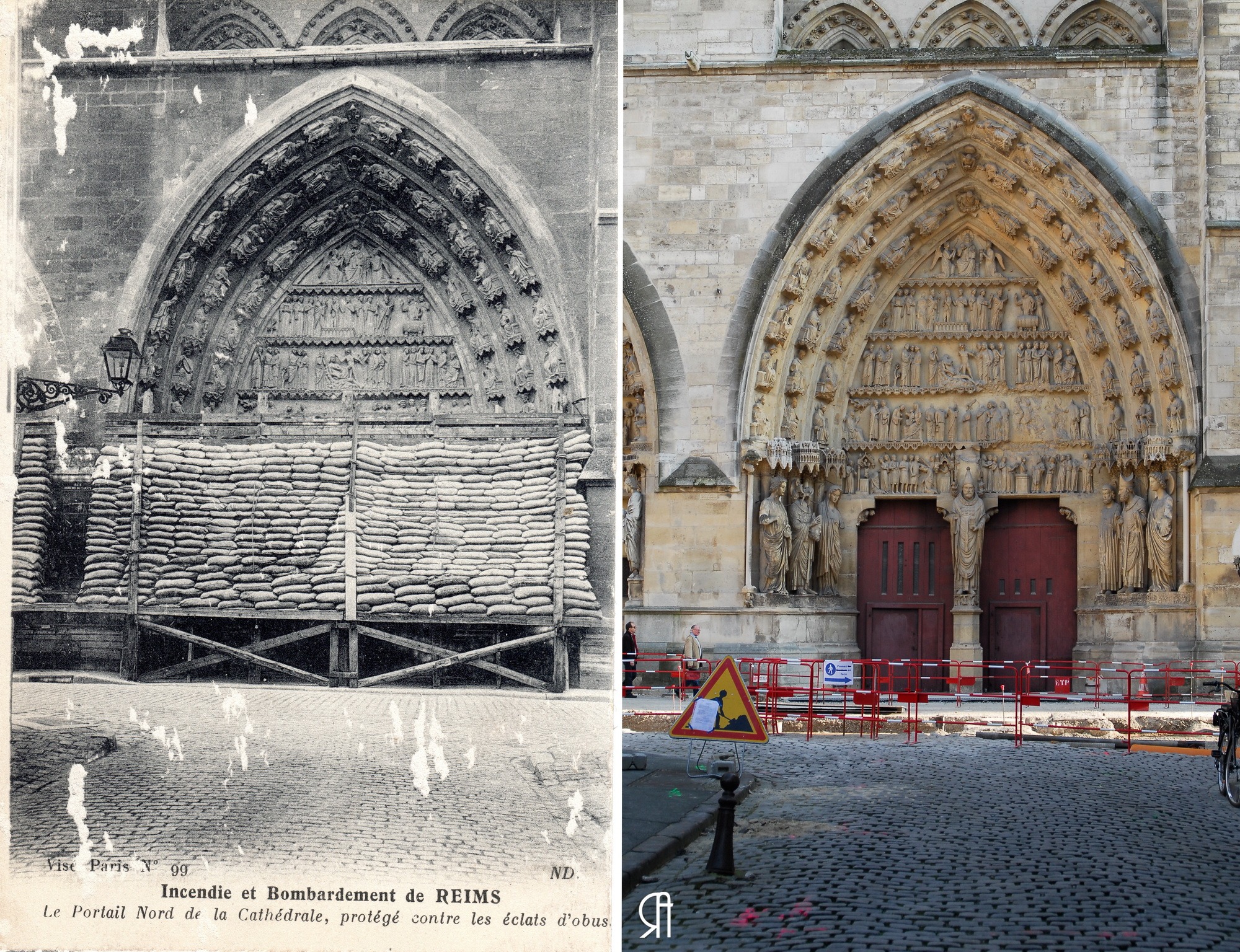 Le portail nord de la cathédrale protégé par des sacs de sable