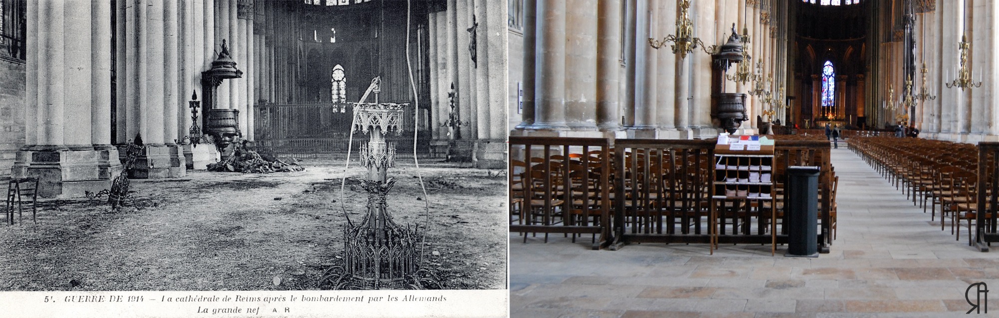 La cathédrale de Reims après le bombardement des Allemands, la grande nef