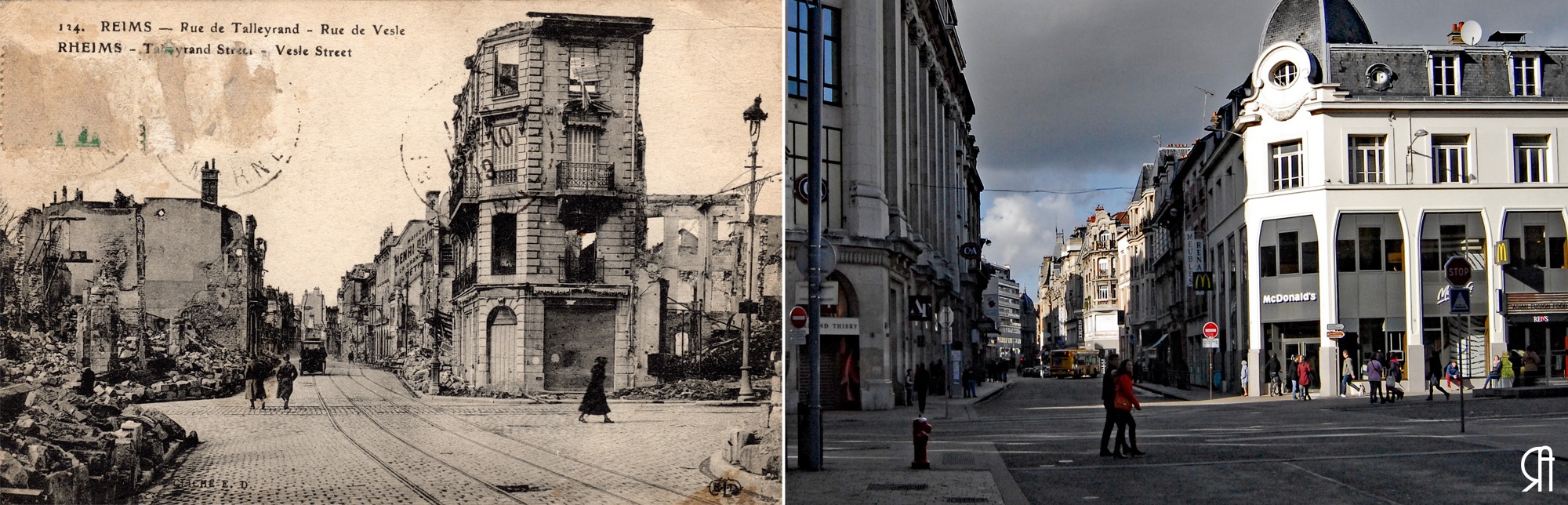 La rue de Talleyrand à l’angle de la rue de Vesle et de la place Myron Herrick : 4 époques
