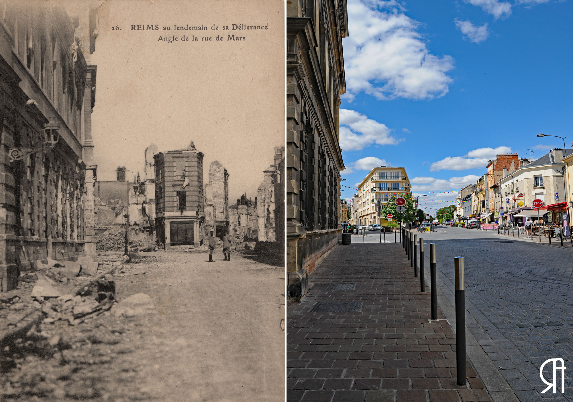 Angle de la rue de Mars et de la rue de la Grosse Écritoire (avant/après la guerre, 3 vues)