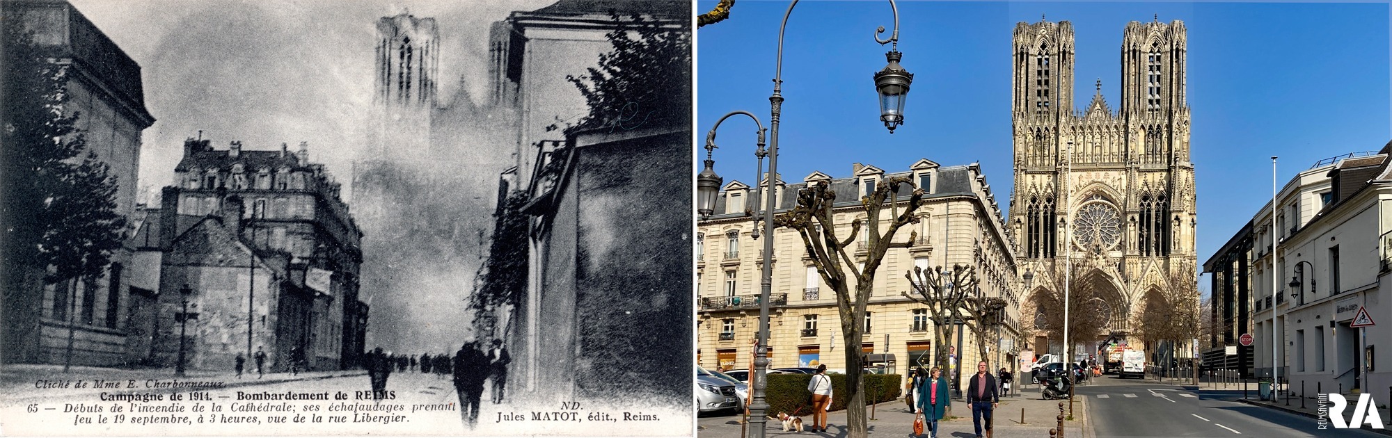 Comparaison : la cathédrale début 1914 et le jour de l’incendie