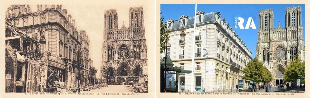 Reims dans ses Ruines : rue Rockefeller et place du Parvis