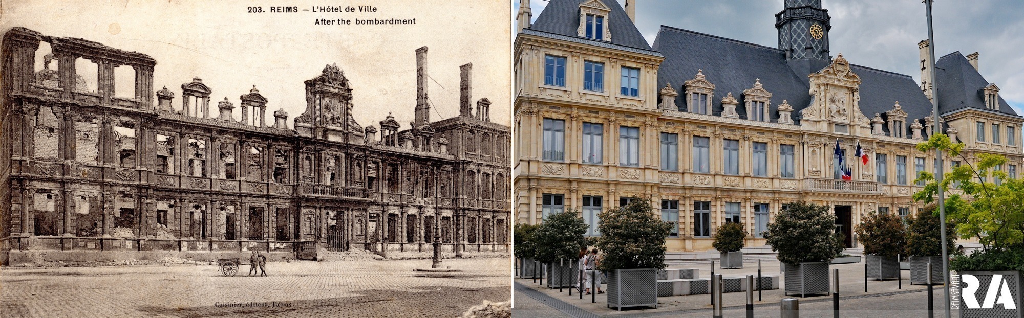L’Hôtel de Ville avant 1914 et après les bombardements de la Grande Guerre
